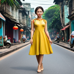 **

A woman with a pear-shaped body wearing an A-line dress with bright, eye-catching details on the shoulders. She is also wearing nude heels. The background should be a vibrant street scene in Hanoi. Focus on the balanced silhouette and confident pose.

**