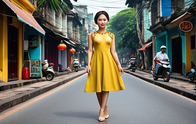 **

A woman with a pear-shaped body wearing an A-line dress with bright, eye-catching details on the shoulders. She is also wearing nude heels. The background should be a vibrant street scene in Hanoi. Focus on the balanced silhouette and confident pose.

**