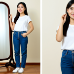 A young Vietnamese woman, fully clothed in modest, comfortable basic attire, stands confidently in front of a full-length mirror. She is observing her correct body proportions and natural pose. The background features a neat, minimalist wardrobe with versatile, basic clothing items like plain t-shirts, classic jeans, and a simple blazer. The scene is bright with natural, soft lighting, conveying an empowering and family-friendly atmosphere. Professional photography, high quality, sharp focus, perfect anatomy, well-formed hands, proper finger count, natural body proportions, safe for work, appropriate content, appropriate attire.