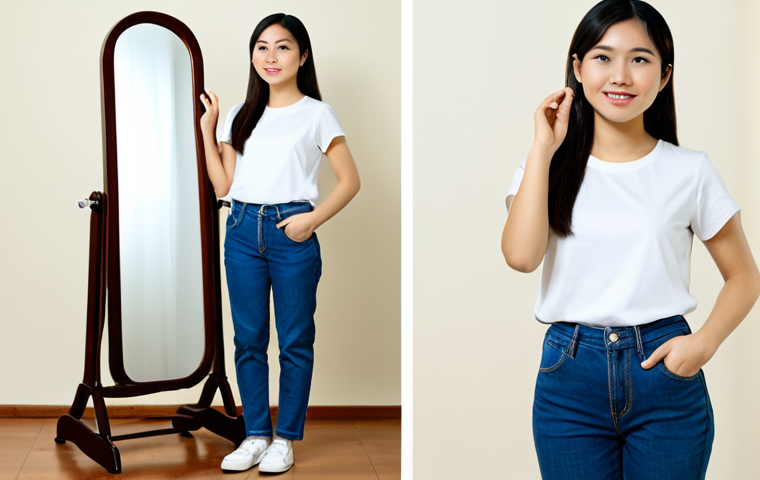 A young Vietnamese woman, fully clothed in modest, comfortable basic attire, stands confidently in front of a full-length mirror. She is observing her correct body proportions and natural pose. The background features a neat, minimalist wardrobe with versatile, basic clothing items like plain t-shirts, classic jeans, and a simple blazer. The scene is bright with natural, soft lighting, conveying an empowering and family-friendly atmosphere. Professional photography, high quality, sharp focus, perfect anatomy, well-formed hands, proper finger count, natural body proportions, safe for work, appropriate content, appropriate attire.
